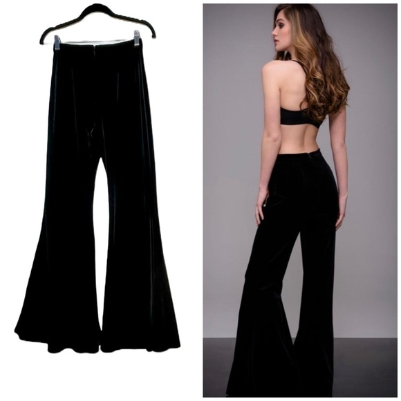 NWT Maslavi by Jovani Black Velvet High-Rise Flare Pants, Hidden Back Zipper, 2 - Picture 1 of 11